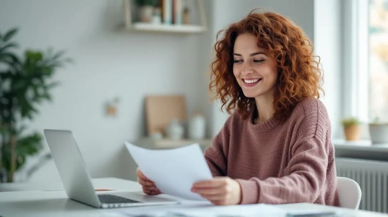 Frau liest aufmerksam ein Foerderdokument an ihrem Schreibtisch