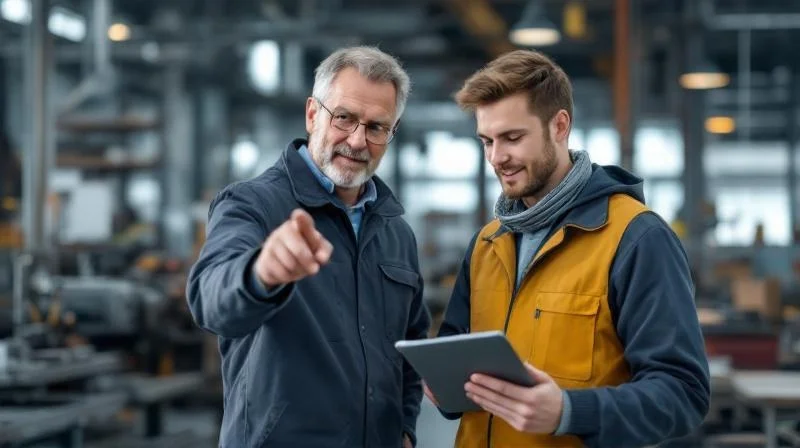 Ausbilder in einem Salzgitterer Industriebetrieb beim Anleiten einer Auszubildenden an einer Werkbank