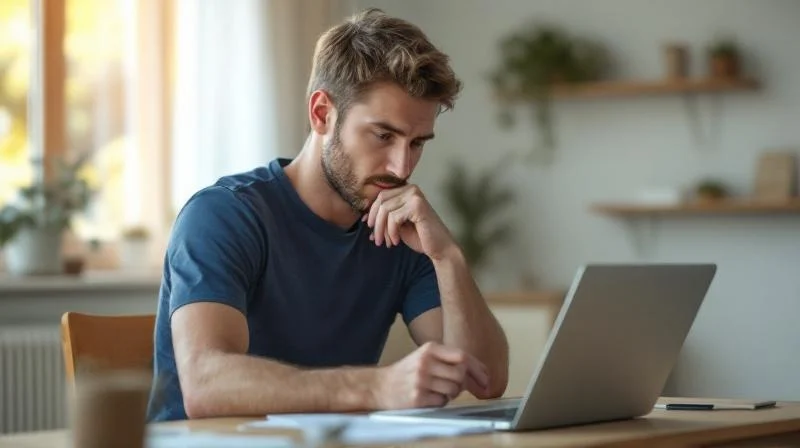 Mann sitzt am Schreibtisch in einer Wohnung in Salzgitter und liest Unterlagen auf dem Laptop