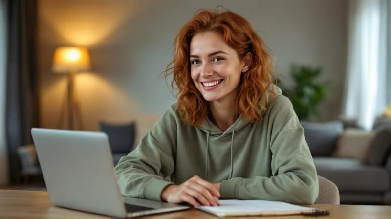 Frau lernt konzentriert an einem Schreibtisch mit Buch und Laptop