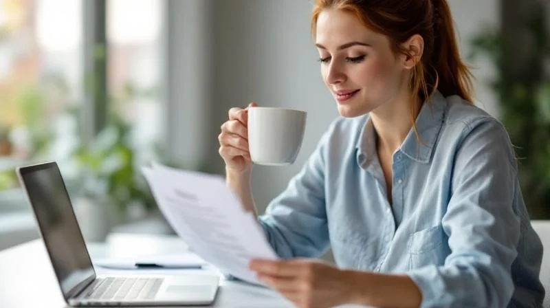 Frau mit Unterlagen und Kaffee an einem Schreibtisch in einem hellen Buero