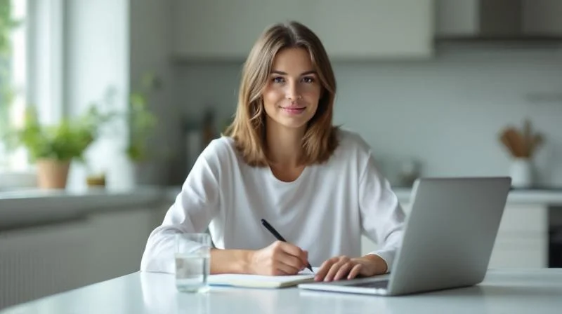 Frau lernt am Schreibtisch mit Laptop und Notizbuch und plant ihre Karriere in Salzgitter
