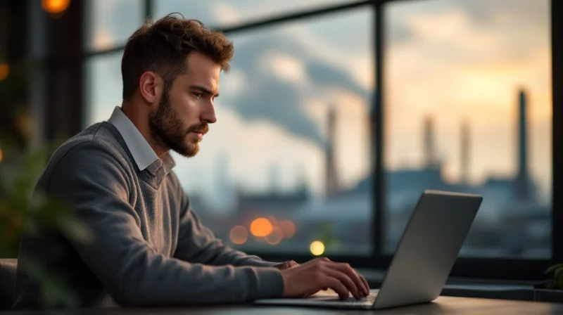 Salzgitterer Angestellter im Industrie-Büro mit Laptop, im Hintergrund Stahlwerks-Silhouette