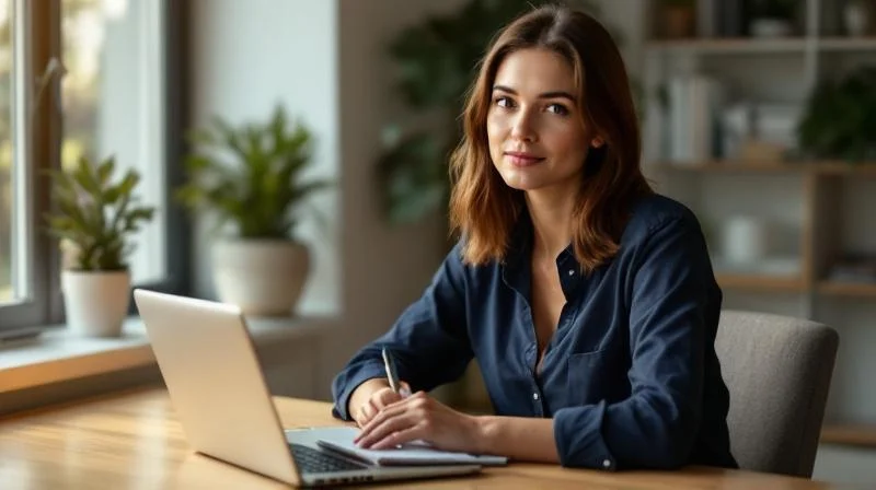 Frau sitzt mit Laptop an einem modernen Arbeitsplatz und lernt online