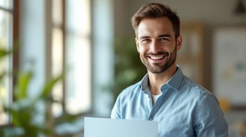 Frau freut sich am Schreibtisch ueber Unterlagen in einer Wohnung in Salzgitter