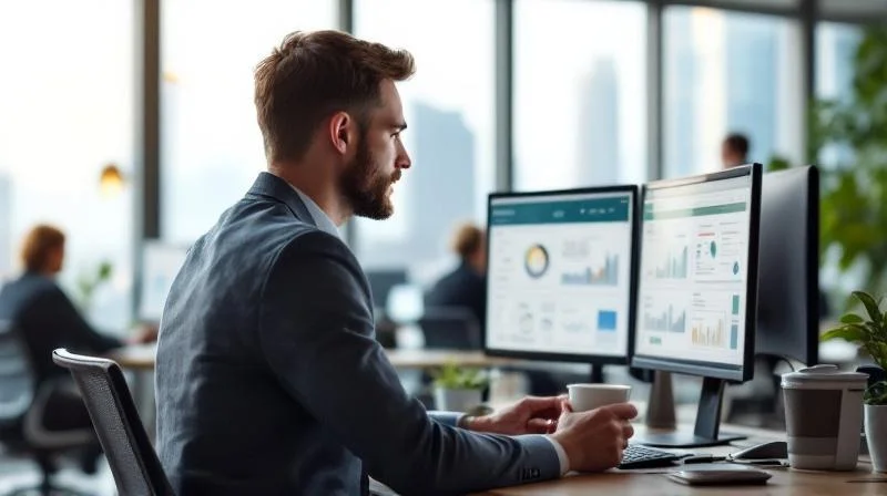 Quereinsteiger in einem Salzgitterer Unternehmen am Arbeitsplatz, arbeitet konzentriert an Dashboards und KI-Tools