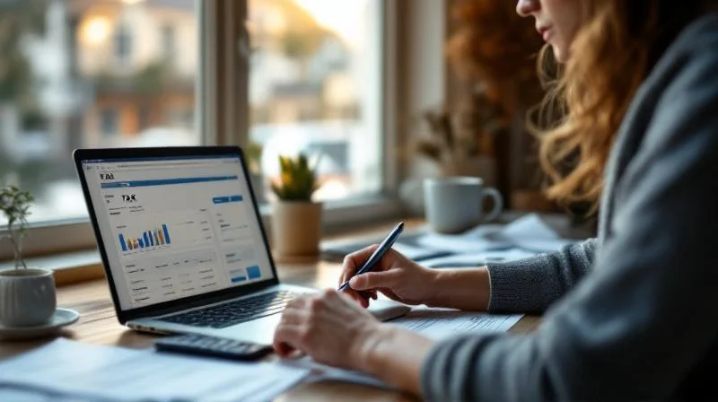 Salzgitterer Beschäftigter am Schreibtisch zu Hause mit Steuerunterlagen, Laptop und Taschenrechner