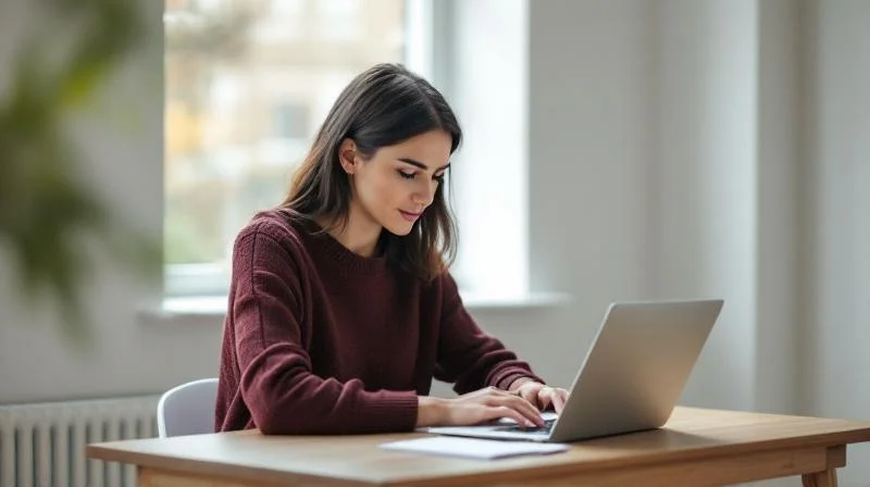 Frau arbeitet konzentriert am Laptop in einem hellen Raum in Salzgitter
