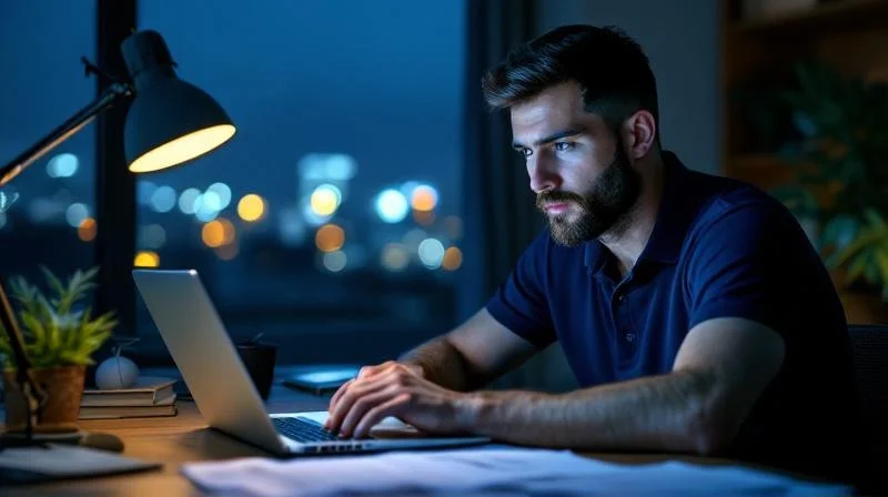 Mann lernt abends am Schreibtisch mit Laptop und Unterlagen in Salzgitter